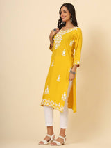 Yellow Floral Embroidered Liva Rayon Straight Kurti