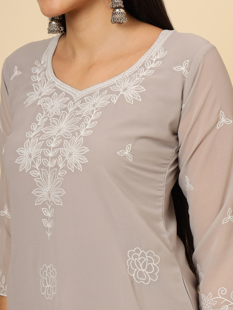 Grey Embroidered Georgette Straight Kurti Crepe Inner