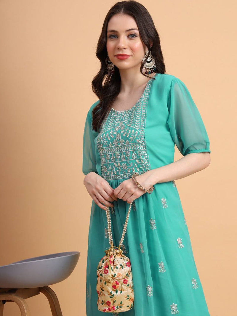 Blue Embroidered Georgette Straight Kurti