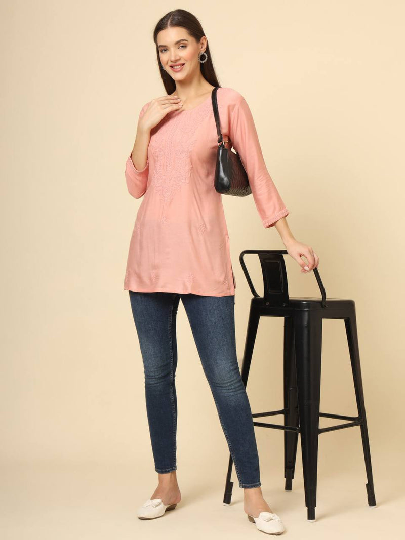 Peach Cotton Chicken Kari Work Kurti