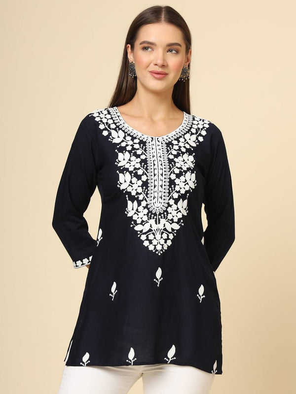 Black Cotton Short Chicken Kari Work Kurti