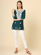 Teal Cotton Short Embroidered Kurti