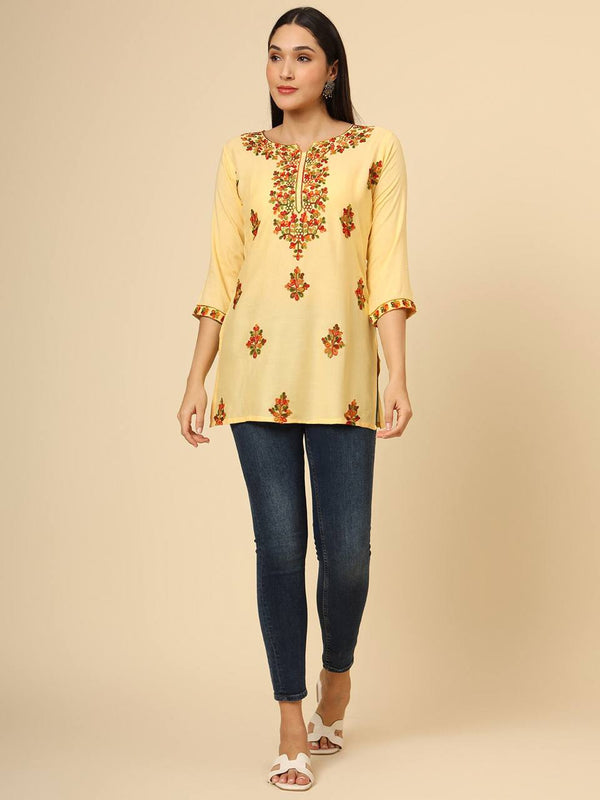 Yellow Embroidered Cotton Short Kurti