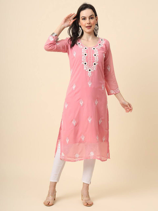 Pink Georgette Embroidered Kurti With Heavy Inner