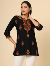 Black Embroidered Cotton Short Kurti