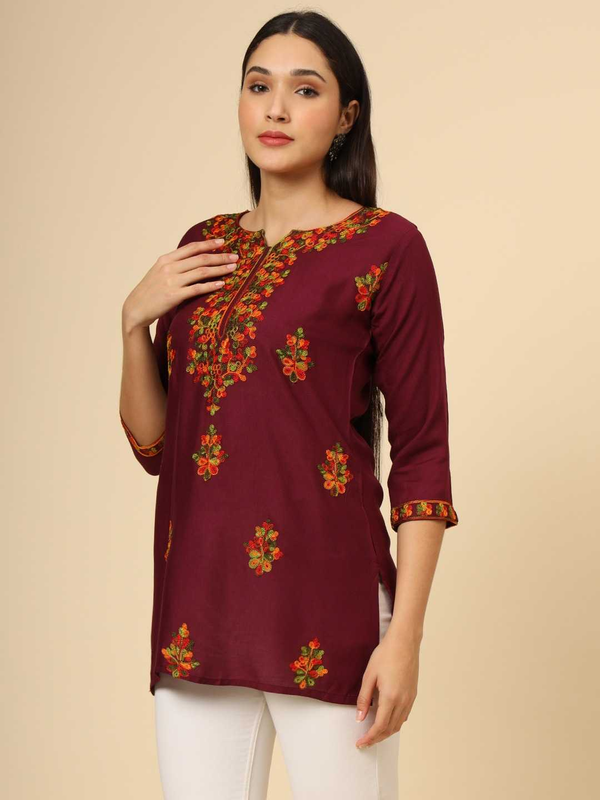 Maroon Embroidered Cotton Short Kurti