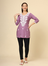 Purple Cotton Short Chicken Kari Work Kurti