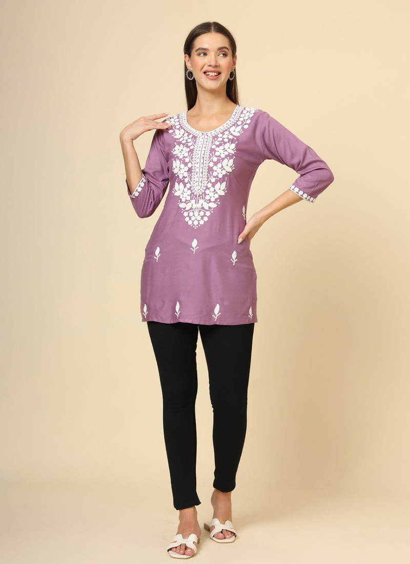 Purple Cotton Short Chicken Kari Work Kurti