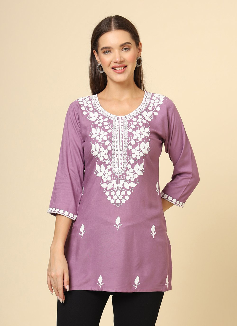 Purple Cotton Short Chicken Kari Work Kurti