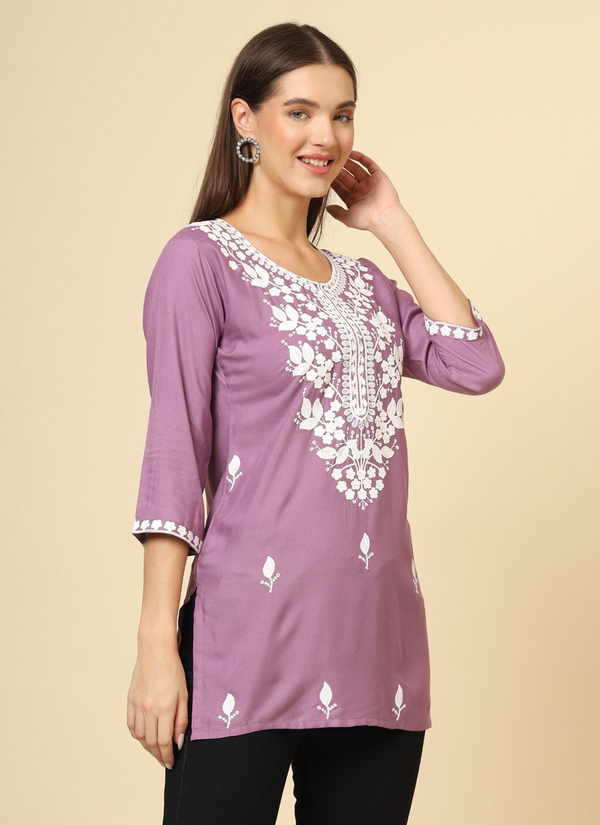 Purple Cotton Short Chicken Kari Work Kurti