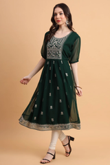 Green Embroidered Georgette Straight Kurti