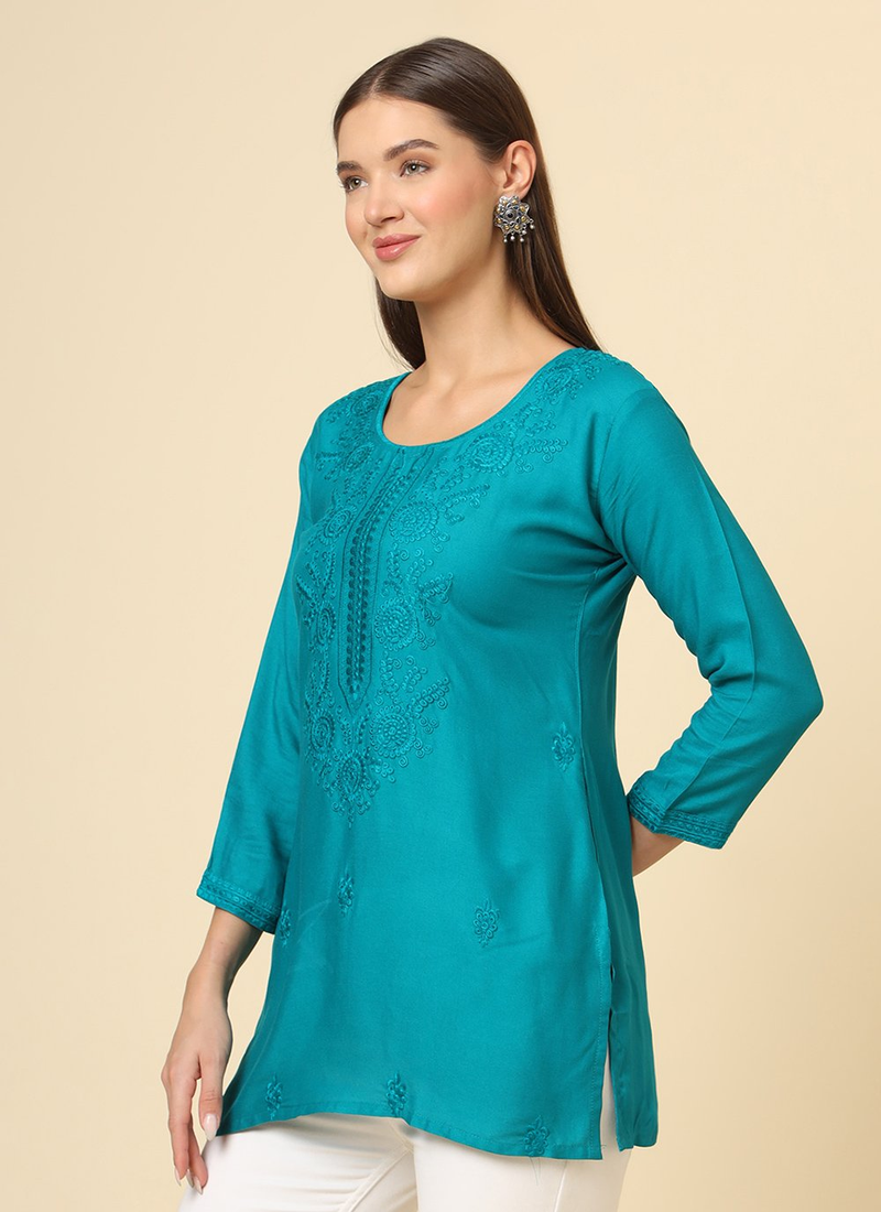 Blue Cotton Chicken Kari Work Kurti