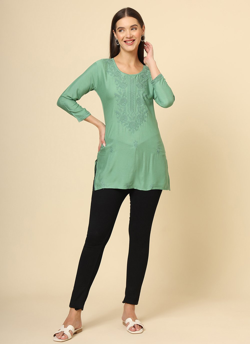 Green Cotton Chicken Kari Work Kurti