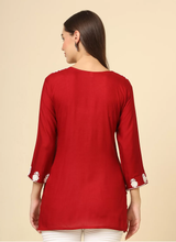 Red Cotton Short Embroidered Kurti