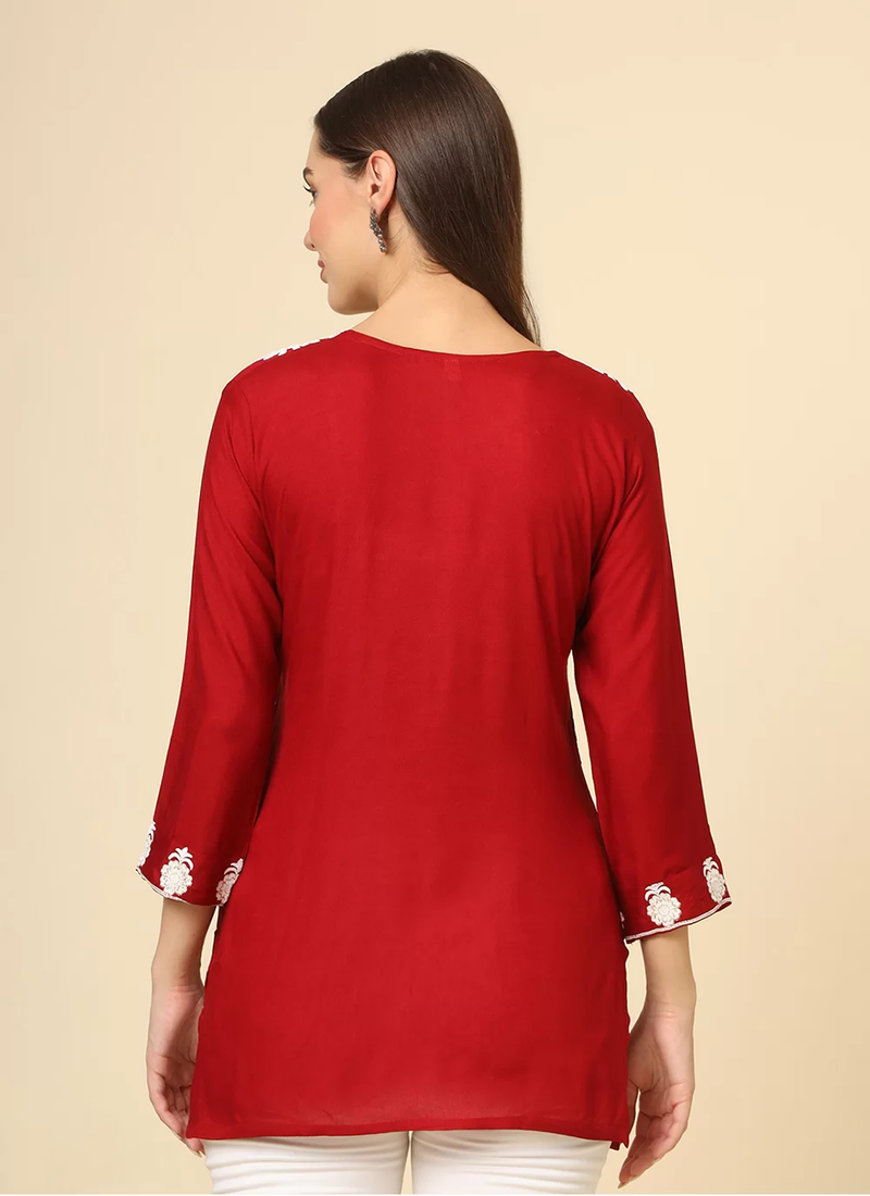 Red Cotton Short Embroidered Kurti