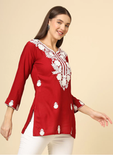 Red Cotton Short Embroidered Kurti