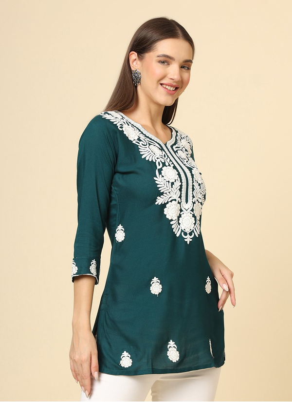 Teal Cotton Short Embroidered Kurti