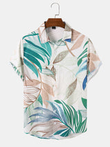 Mens Colorful Leaves Print Spliced Short Sleeve Comfy Shirts