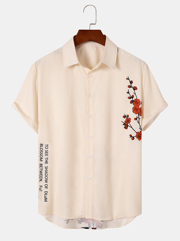 Mens Blossom Letter Pattern Short Sleeve Buttons Up Shirts