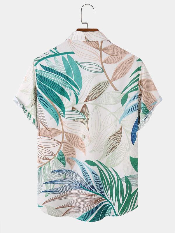 Mens Colorful Leaves Print Spliced Short Sleeve Comfy Shirts