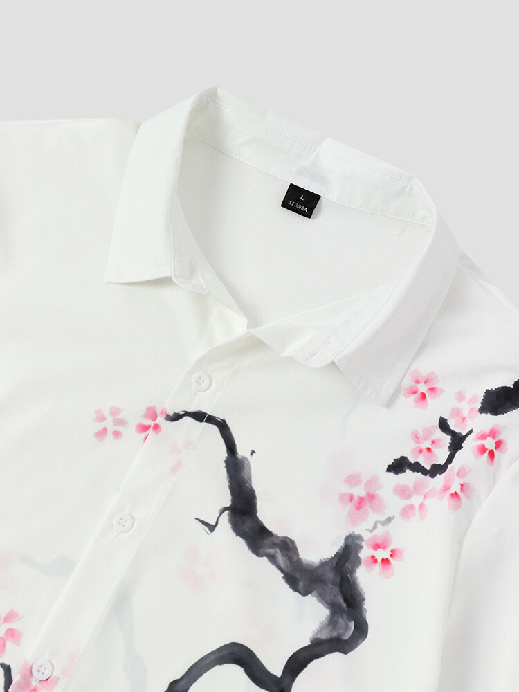 Mens Wintersweet Print Elegant Curved Hem Short Sleeve Shirts