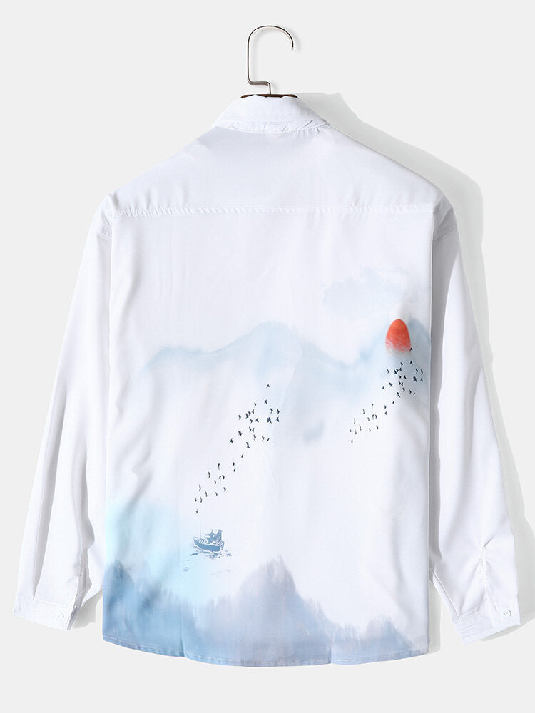 Mens Chinese Landscape Ink Painting Print Casual Long Sleeve Shirts