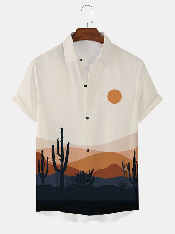 Men's Cactus Desert Print Button Up Short Sleeve Shirts