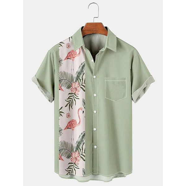 Men's Shirt Green Hawaiian Shirt Leaves Floral Flamingo Graphic Prints Turndown