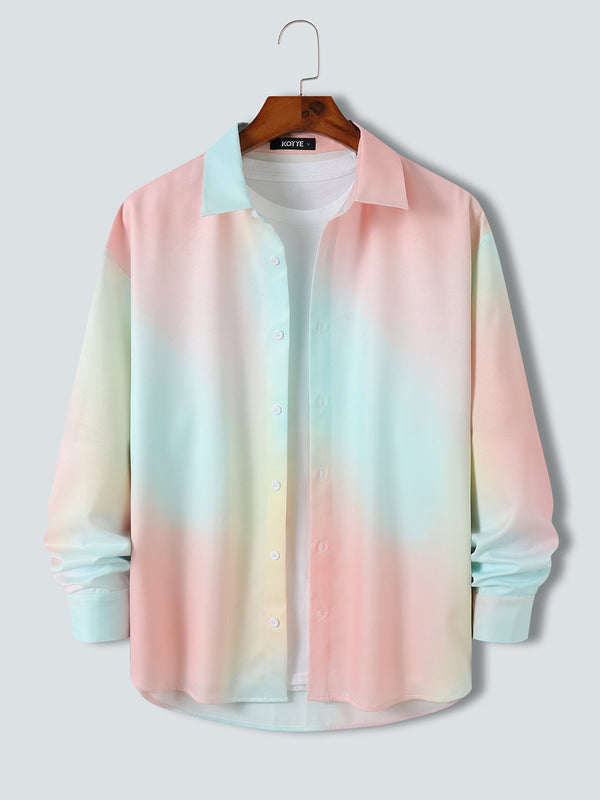 Mens Ombre Tie Dye Lapel Button Up Long Sleeve Shirts