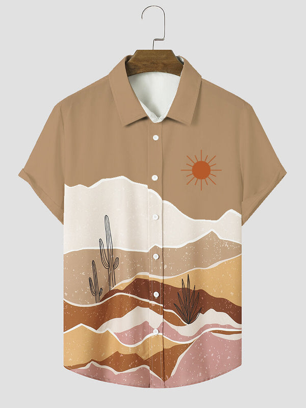 Mens Cactus Desert Scenery Print Holiday Short Sleeve Shirts