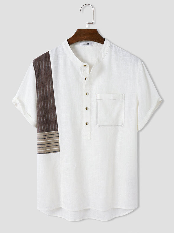 Men's Color Block Half Collar Short Sleeve Buttons Shirts