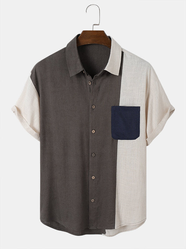Mens Color Matching Buttons Up Short Sleeve Comfy Shirts