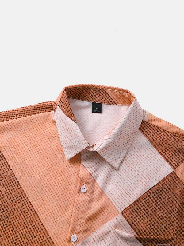 Men Argyle Contrast Color Lapel Front Button Short Sleeve Casual Shirts