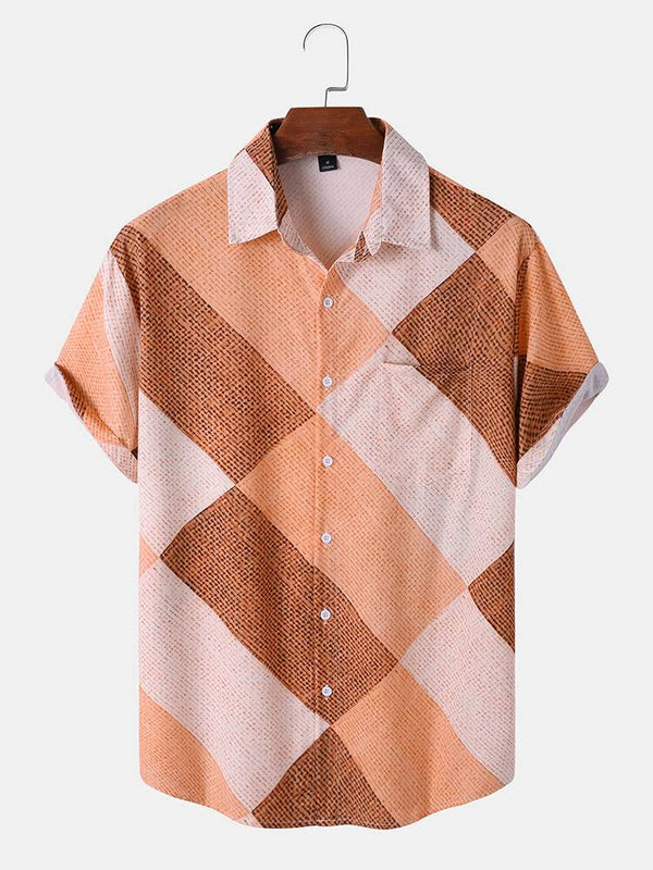 Men Argyle Contrast Color Lapel Front Button Short Sleeve Casual Shirts